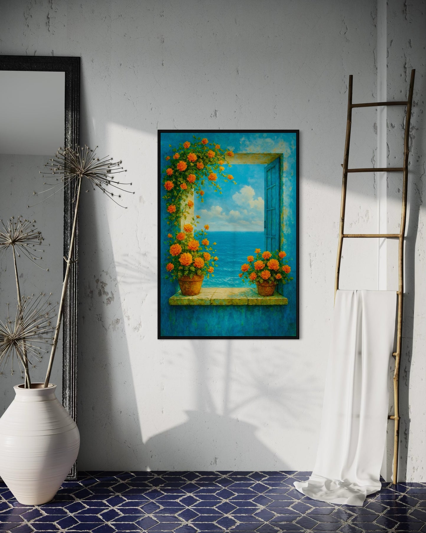 Coastal Window Printable Wall Art | Floral Ocean View Decor | 2:3 Ratio Digital Download