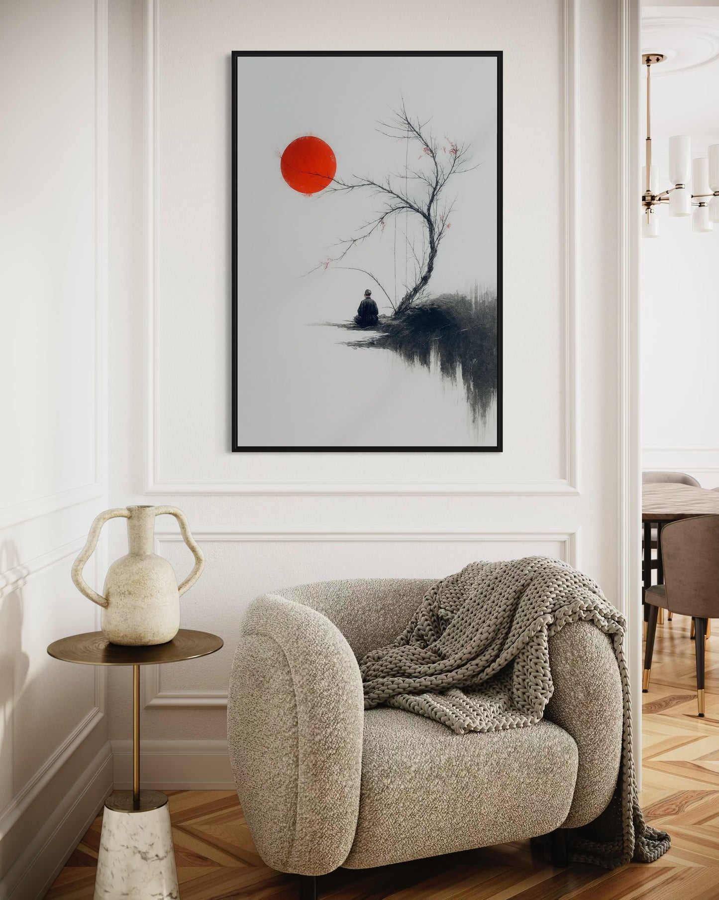 Zen Minimalist Wall Art | Japanese Ink Style | Red Sun Meditation Printable | 2:3 Ratio Digital Download