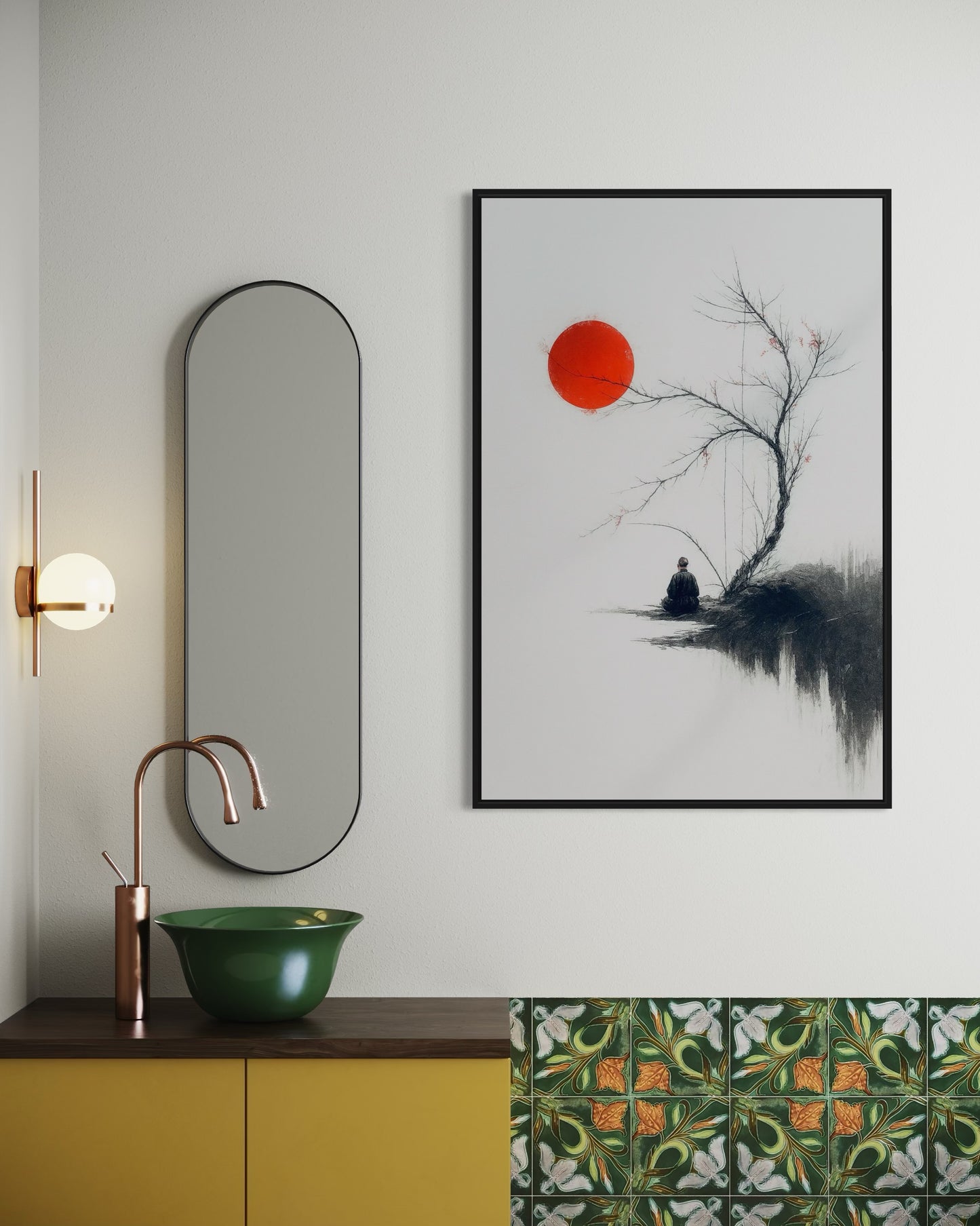Zen Minimalist Wall Art | Japanese Ink Style | Red Sun Meditation Printable | 2:3 Ratio Digital Download