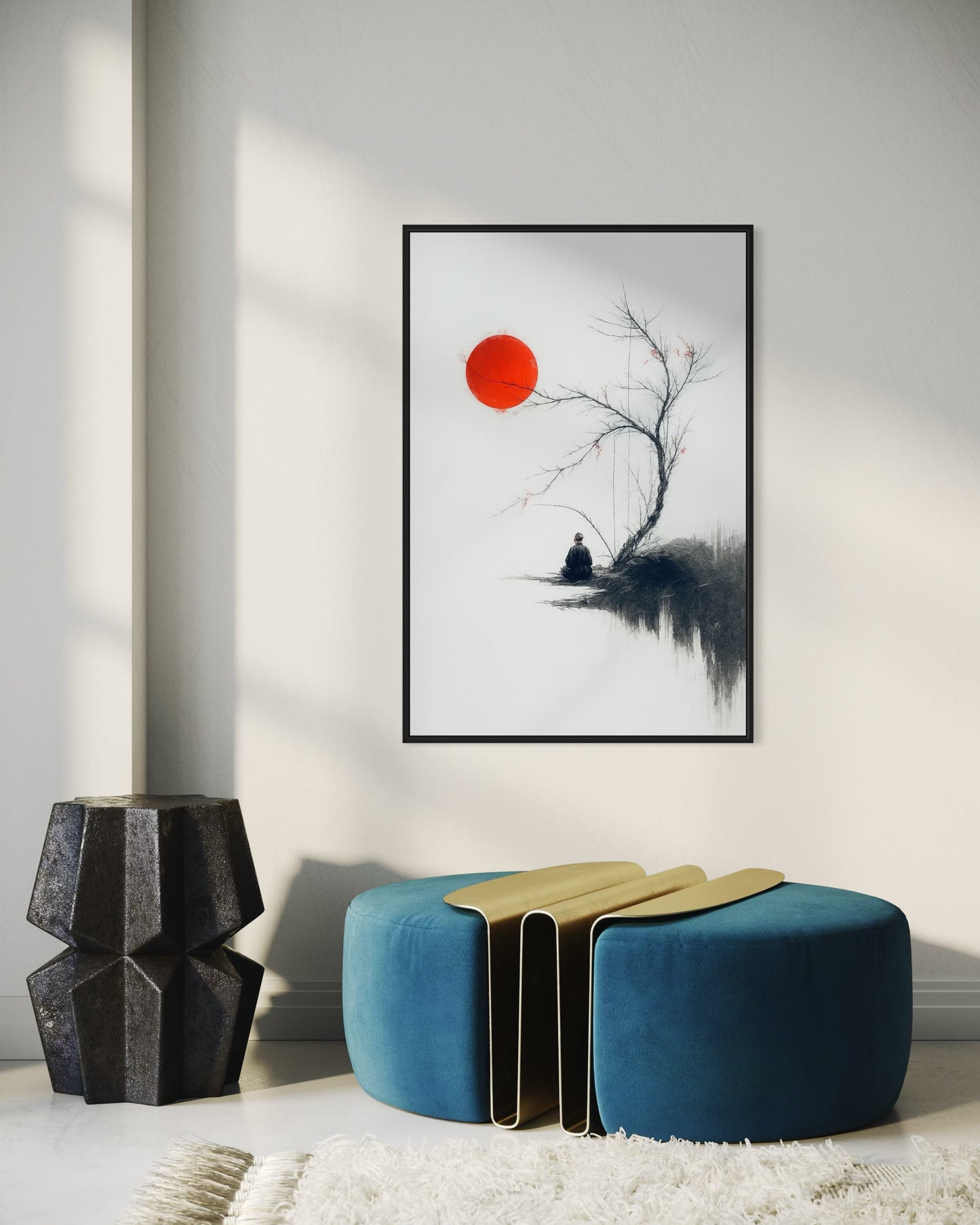 Zen Minimalist Wall Art | Japanese Ink Style | Red Sun Meditation Printable | 2:3 Ratio Digital Download