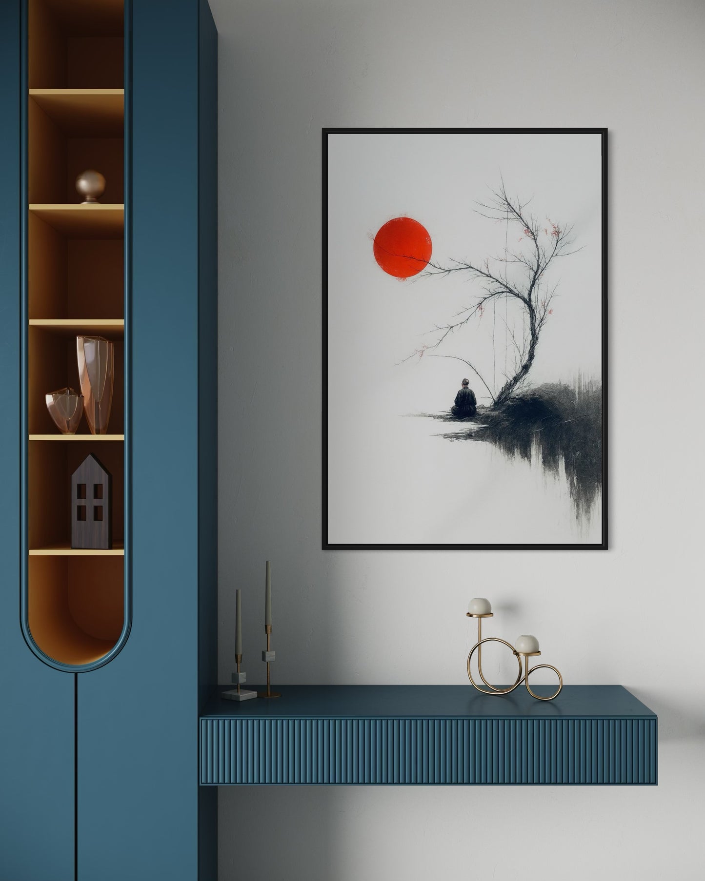 Zen Minimalist Wall Art | Japanese Ink Style | Red Sun Meditation Printable | 2:3 Ratio Digital Download