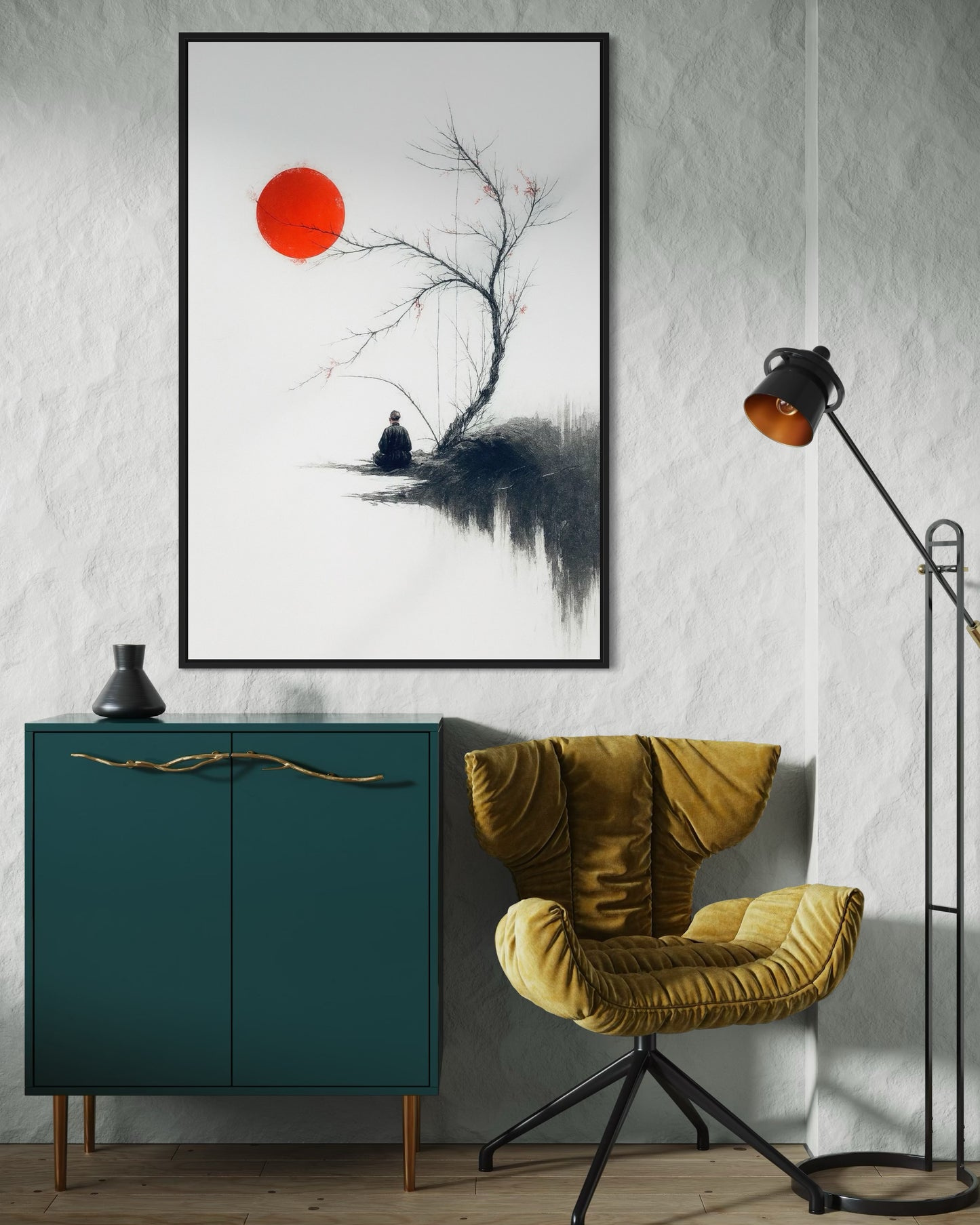 Zen Minimalist Wall Art | Japanese Ink Style | Red Sun Meditation Printable | 2:3 Ratio Digital Download