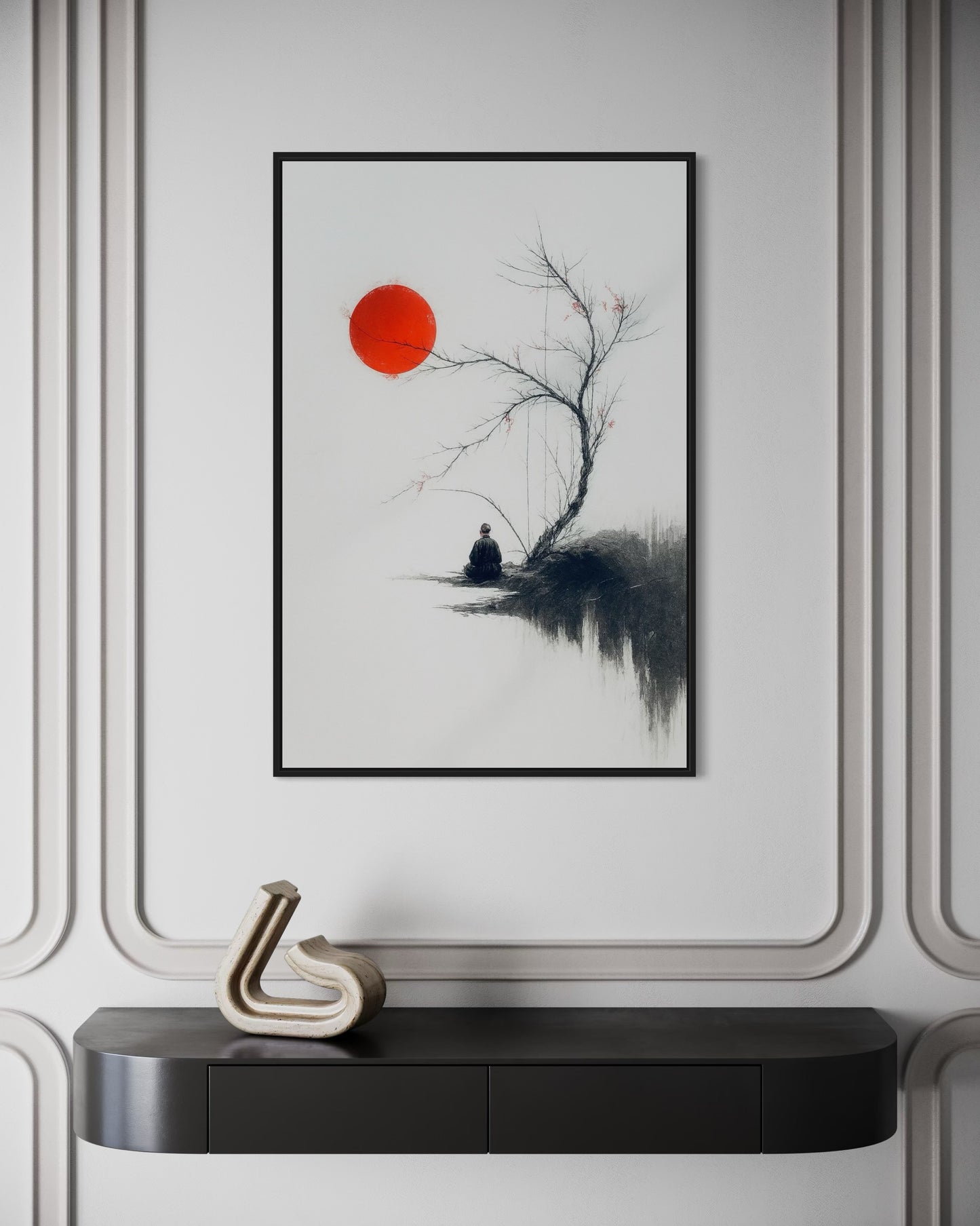 Zen Minimalist Wall Art | Japanese Ink Style | Red Sun Meditation Printable | 2:3 Ratio Digital Download