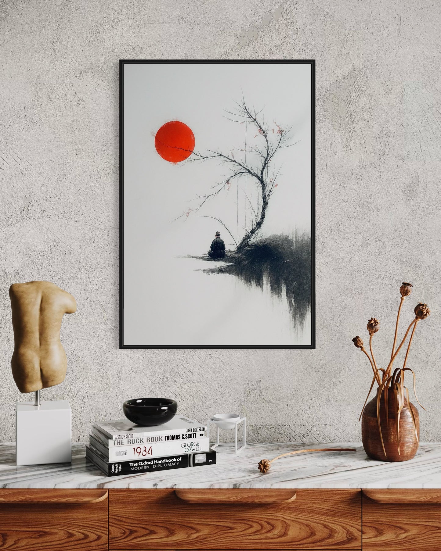 Zen Minimalist Wall Art | Japanese Ink Style | Red Sun Meditation Printable | 2:3 Ratio Digital Download