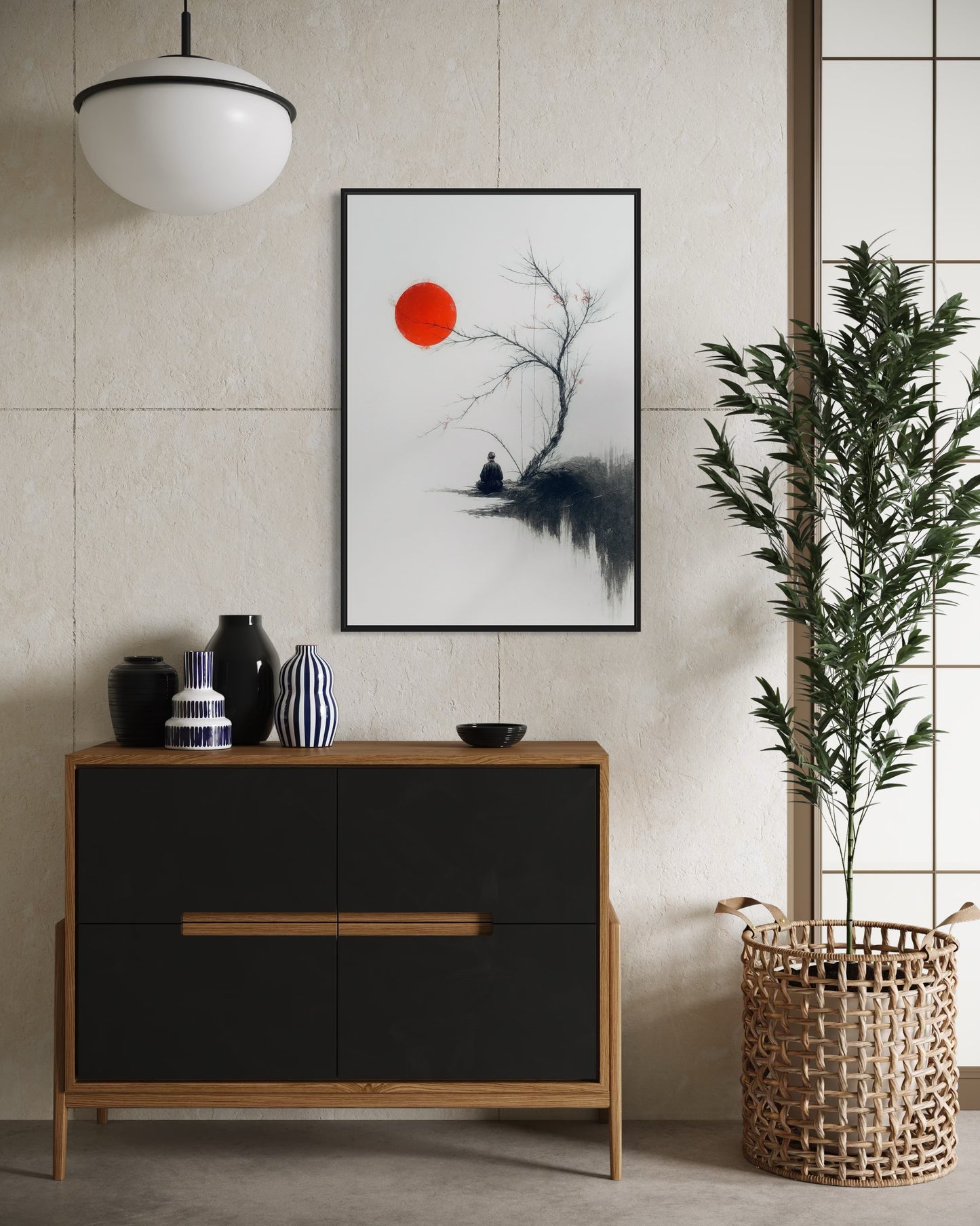 Zen Minimalist Wall Art | Japanese Ink Style | Red Sun Meditation Printable | 2:3 Ratio Digital Download