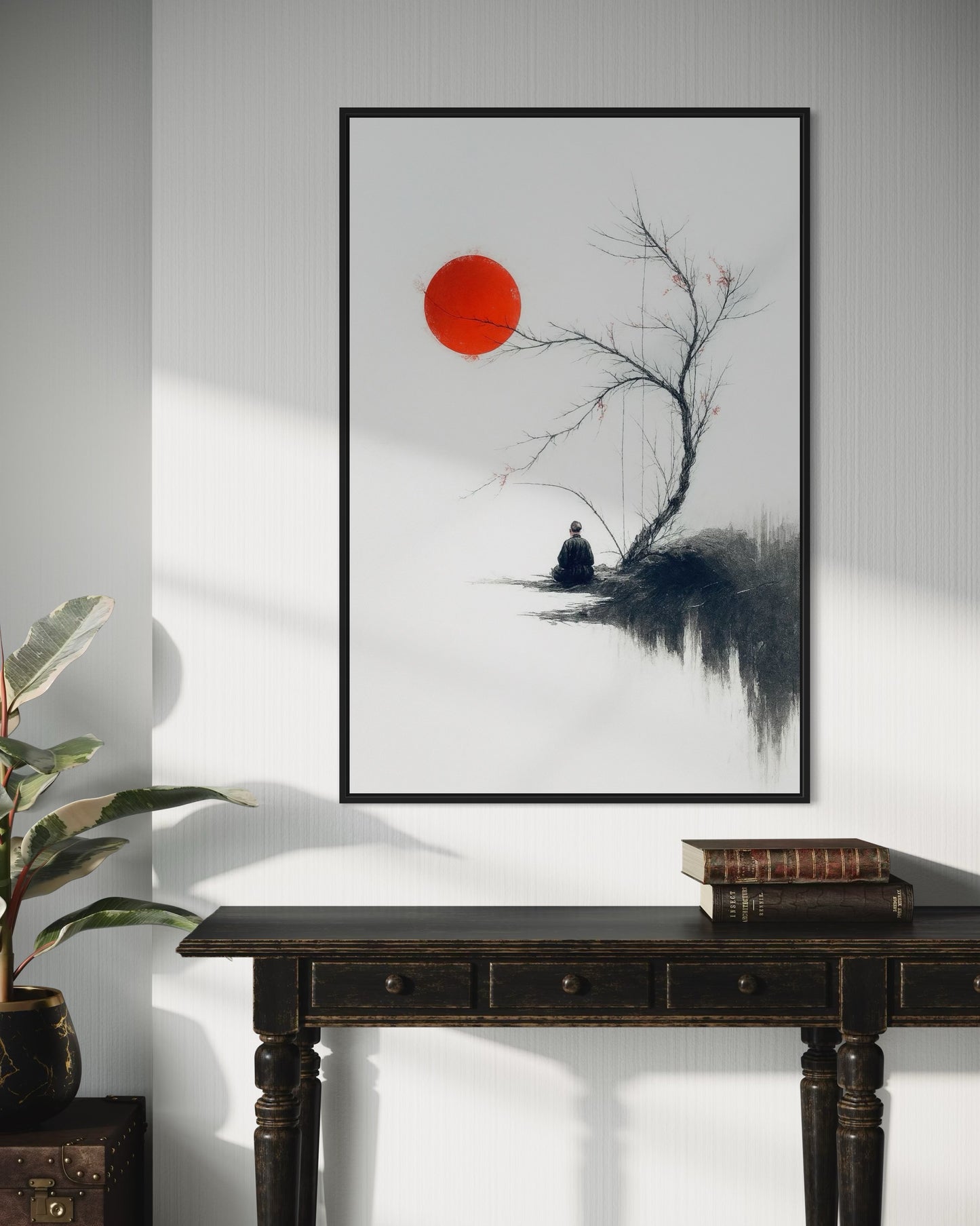 Zen Minimalist Wall Art | Japanese Ink Style | Red Sun Meditation Printable | 2:3 Ratio Digital Download