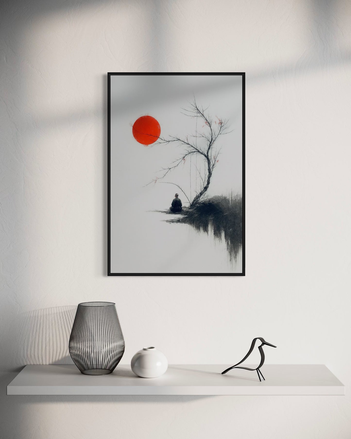 Zen Minimalist Wall Art | Japanese Ink Style | Red Sun Meditation Printable | 2:3 Ratio Digital Download